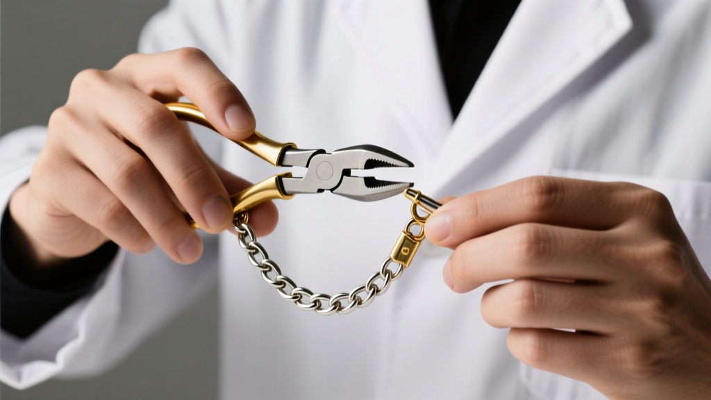 Jeweler using nylon-jaw pliers to gently adjust a loose gold-tone fold-over clasp on a vintage chain, bright studio light.