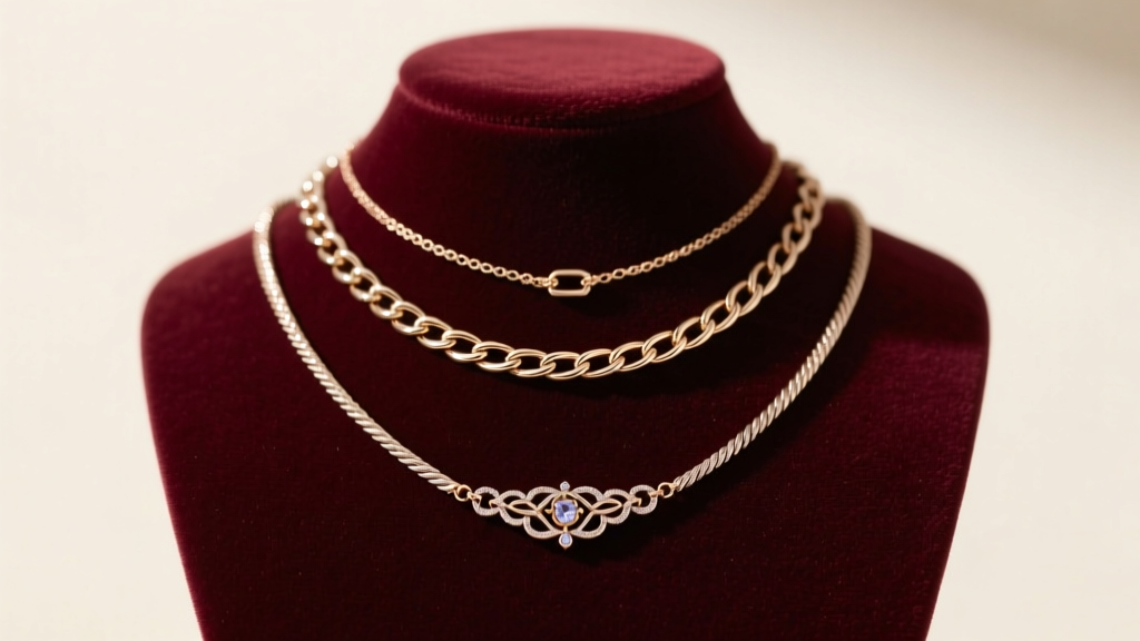 Three layered necklaces on a velvet bust, featuring a 16-inch choker, an 18-inch cable chain, and a 24-inch adjustable pull chain.