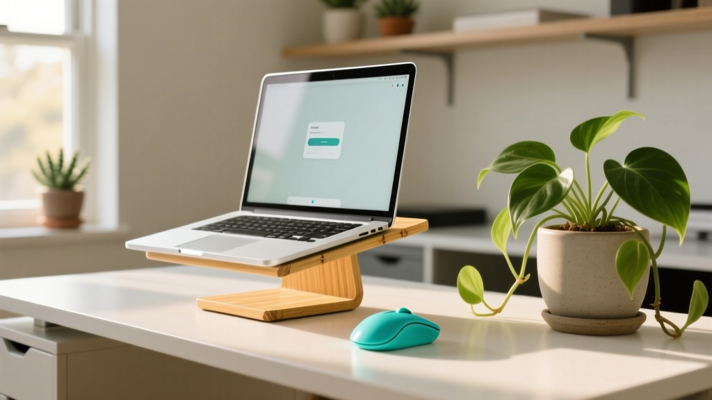 Sunlit home office desk featuring a bamboo monitor stand, recycled plastic wireless mouse, and potted pothos plant next to a sleek laptop