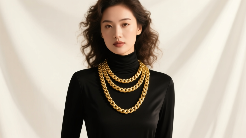 Elegant woman wearing a 60-inch gold rope chain doubled over a black turtleneck, soft studio lighting highlighting the links