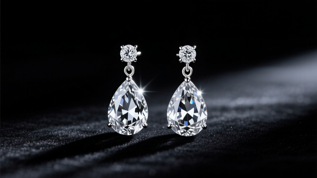 Silver chandelier bridal earrings with pear-cut cubic zirconia, resting on dark velvet under soft directional studio lighting.