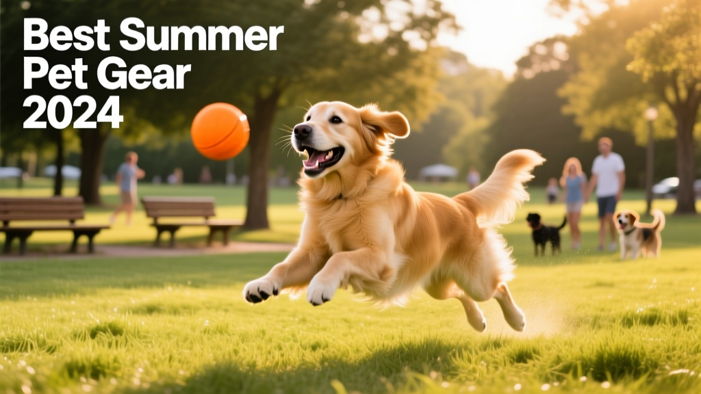 A golden retriever happily retrieving a bright orange ball at a sunny dog park