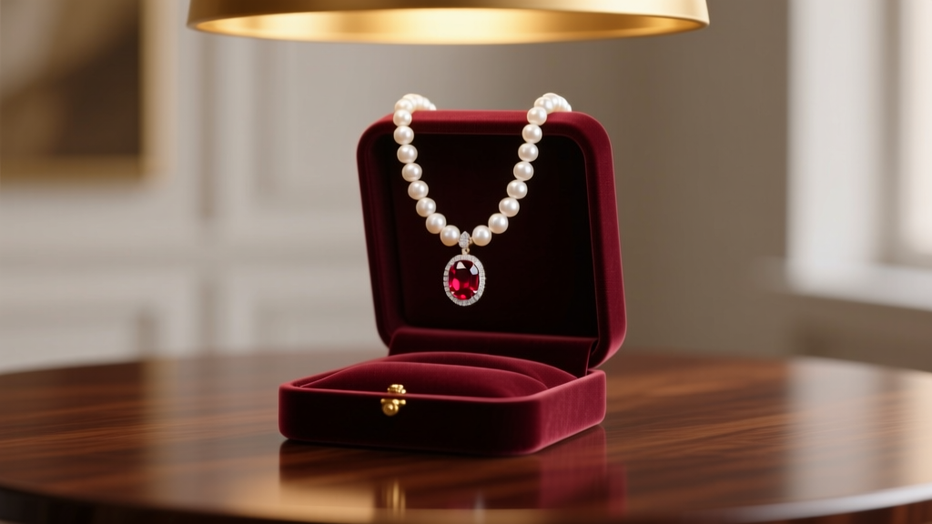 Close-up of a white Akoya pearl necklace with a ruby pendant resting in a dark velvet box on a mahogany table under warm lighting