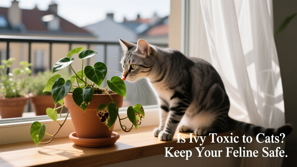 A cat cautiously sniffing a potted ivy plant on a windowsill