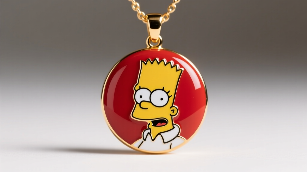 Macro shot of a hard enamel Maggie Simpson necklace pendant showing smooth epoxy resin finish and recessed gold metal plating.