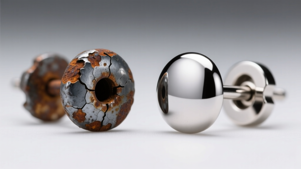 Macro photo comparing a corroded zinc anime earring post next to a polished 316L surgical steel post under bright studio lighting