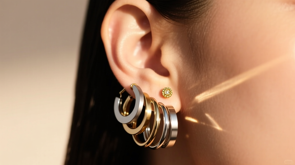 Side profile of an ear with a stack of niobium hoops and a bezel-set gold cartilage stud, illuminated by warm golden hour sunlight
