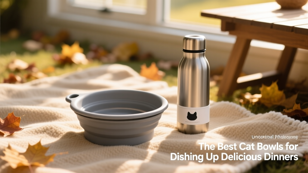 A gray collapsible silicone cat bowl unfolded on a picnic blanket next to a small travel water bottle