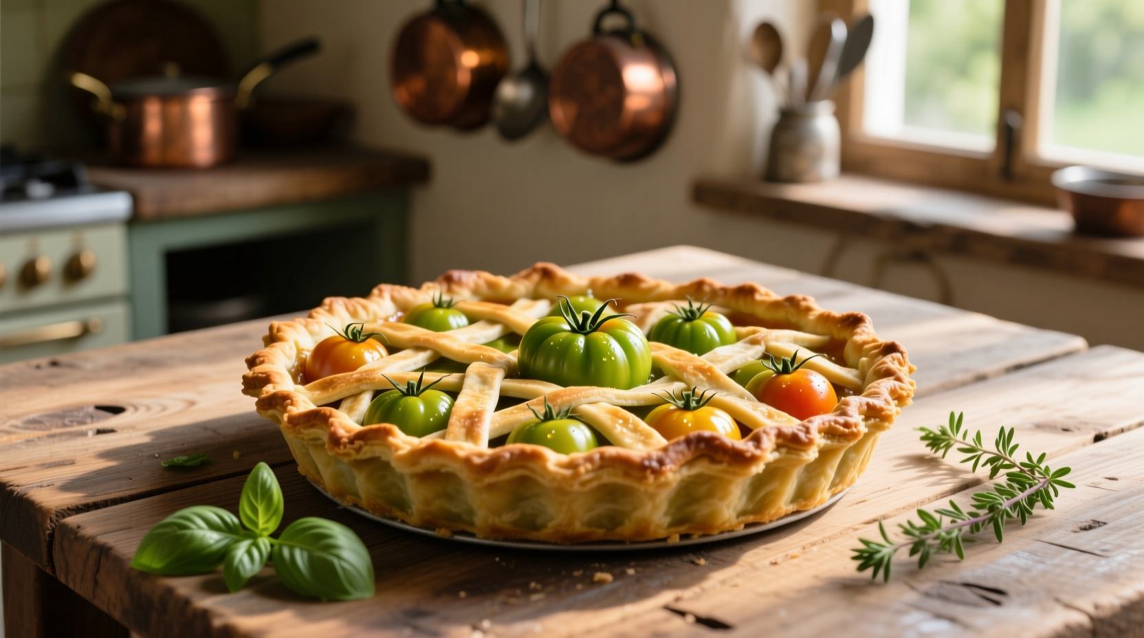 Golden green tomato pie with lattice crust on wooden table