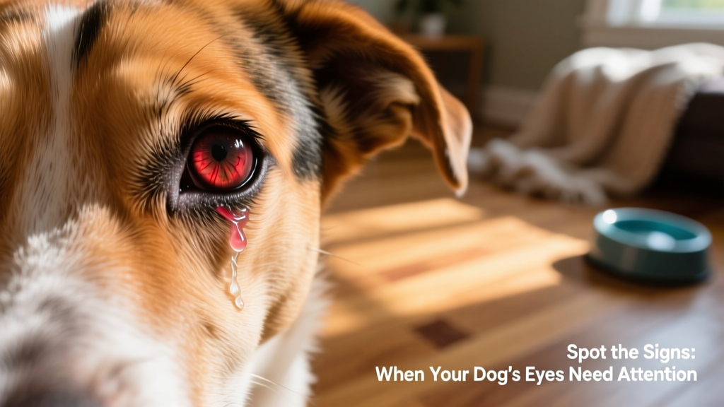 Close-up of a dog's eye showing redness, mild swelling, and clear discharge