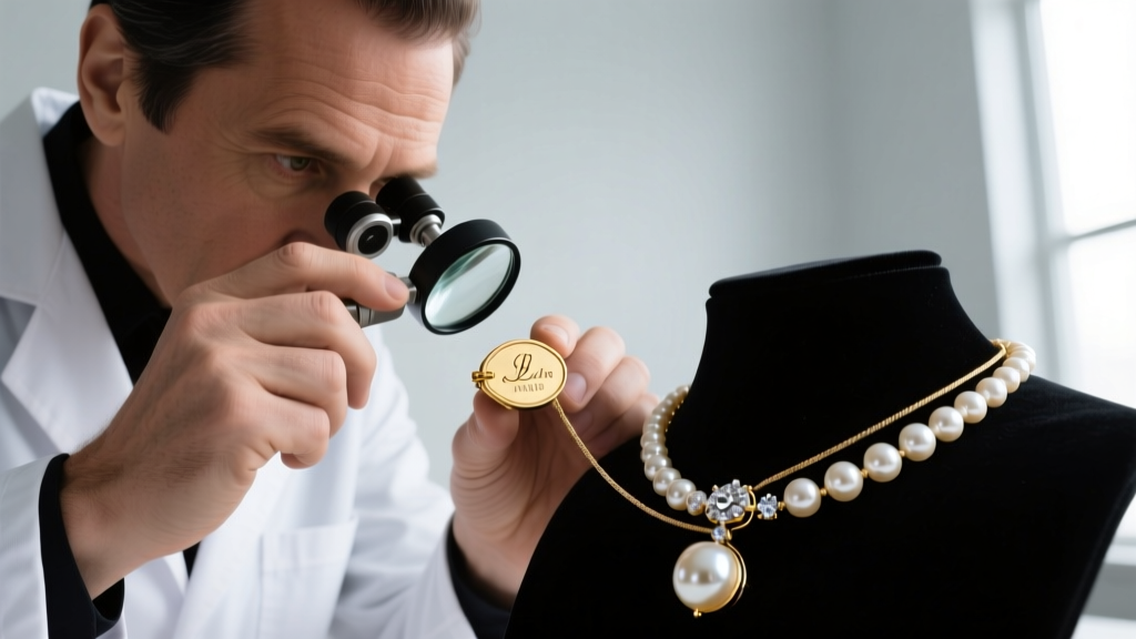 Jeweler inspecting an antique pearl and diamond necklace clasp with a loupe, revealing an 18k gold hallmark and silk French wire.