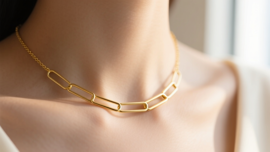 Close-up of a delicate 18k yellow gold paper clip necklace resting on a collarbone, highlighting the elongated rectangular links.