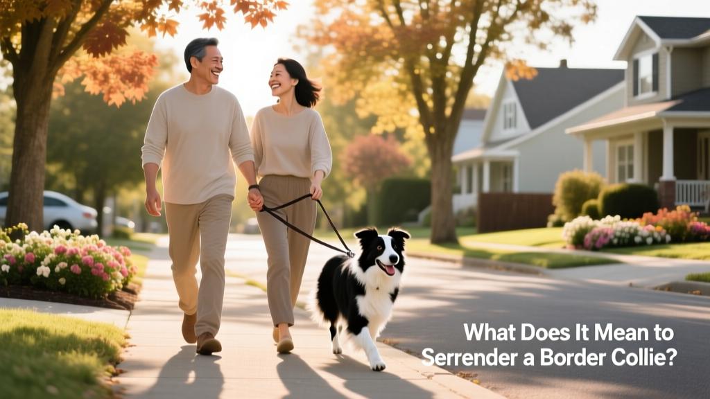 Two people smiling while walking a happy Border Collie on a sunny neighborhood street