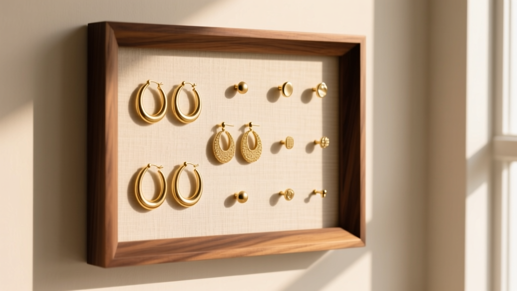 Elegant DIY earring display board of acid-free linen and sealed walnut, holding gold hoops and studs in soft, warm natural light