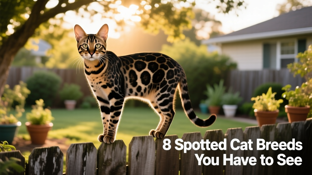 A Savannah cat standing tall on a backyard fence, displaying its tall, lean frame, large ears, and bold black-on-tan spotting
