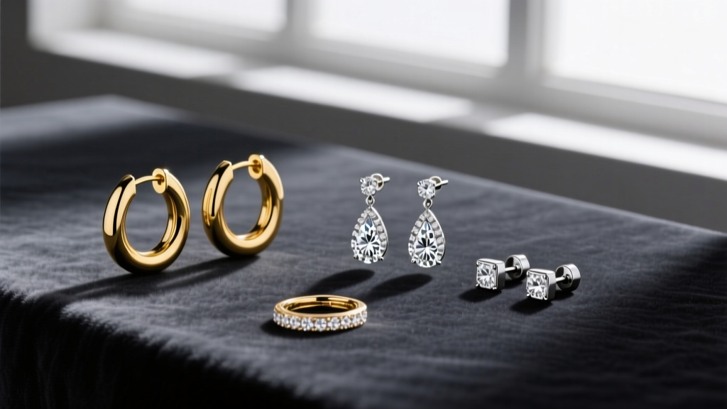 Flat lay of gold huggies, diamond drop earrings, and titanium studs on dark velvet, styled for a luxury jewelry gift guide