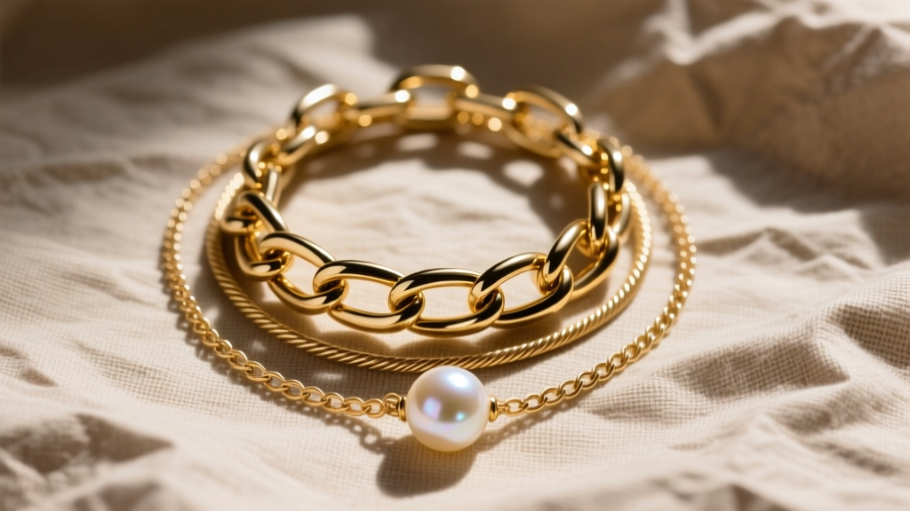 Overhead view of a layered stack with a 14k gold paperclip chain, a delicate cable chain, and a pearl pendant on wrinkled linen.