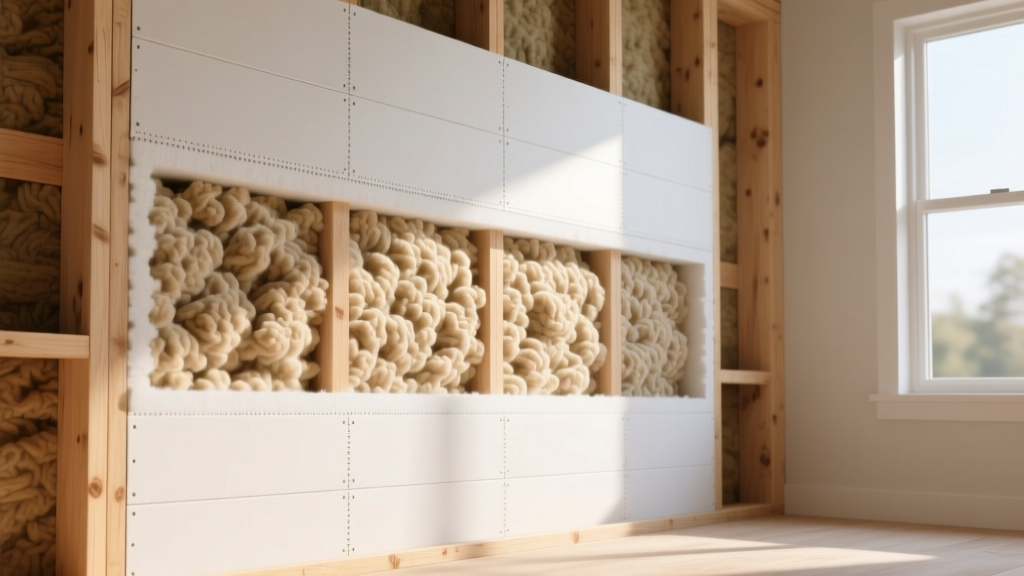 Wall cavity cross-section showing dense-pack cellulose and rigid foam boards between wooden framing in a modern residential build.