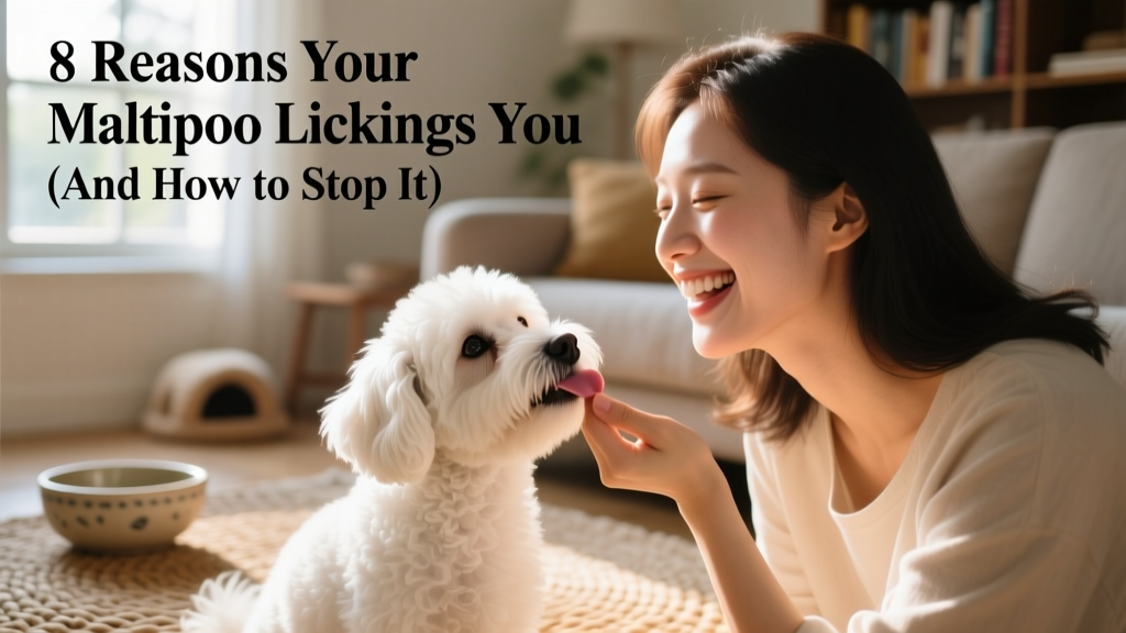 Woman being licked by a small white poodle