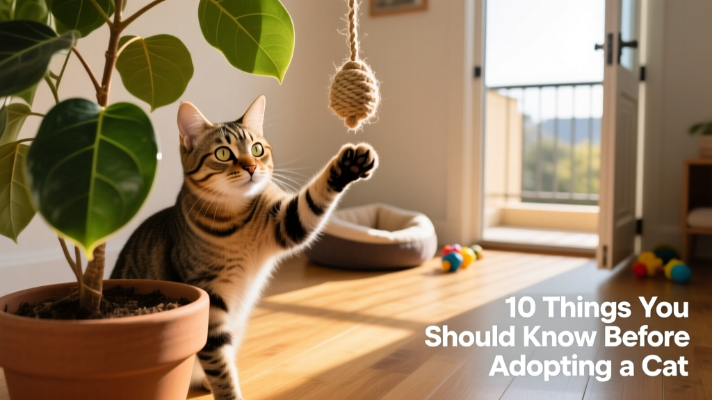 A curious cat peering out from behind a potted plant while pawing at a dangling string toy
