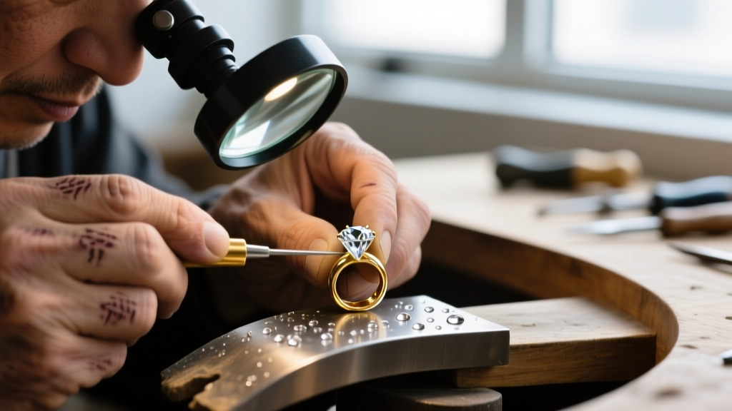 Macro shot of a jeweler's torch melting a bead of high-copper 18k gold solder onto a broken link of a thick Brazilian chain