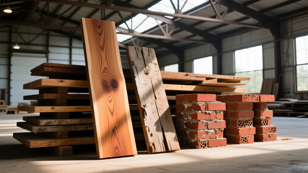 Reclaimed heart pine boards and weathered Moravian brick stacked inside an architectural salvage warehouse in Winston-Salem NC