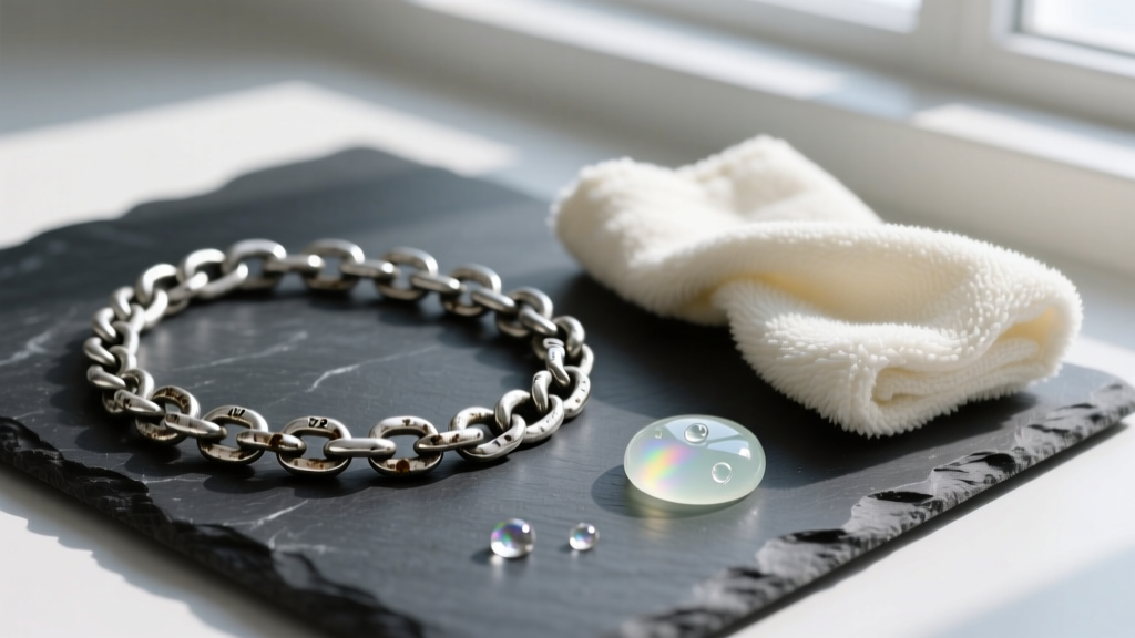 Overhead shot of a tarnished 925 sterling silver chain on dark slate next to a soft microfiber polishing cloth and gentle soap.