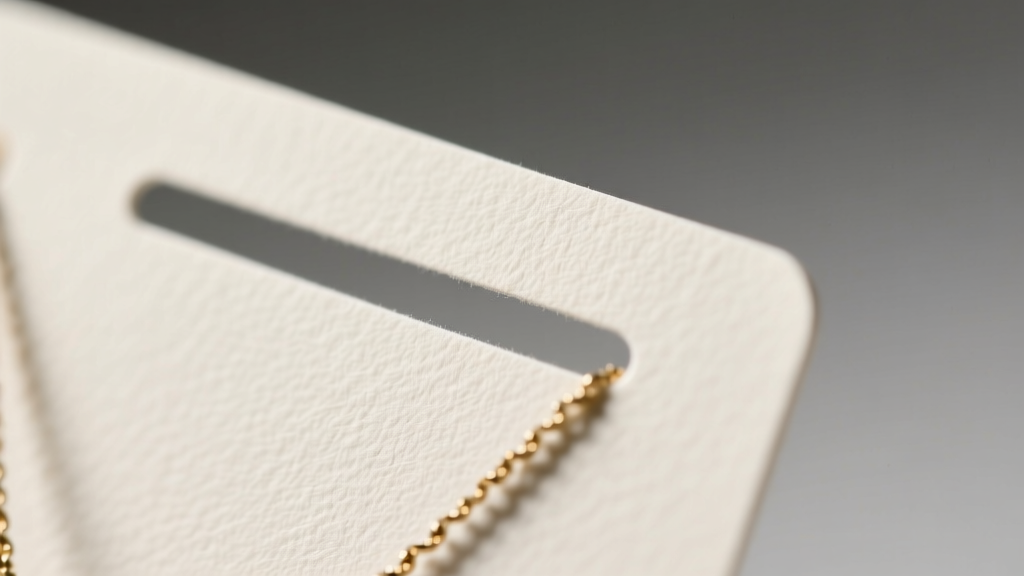 Macro shot of a die-cut slit on an archival ivory cardstock jewelry display card, showing the clean edge and smooth matte finish.