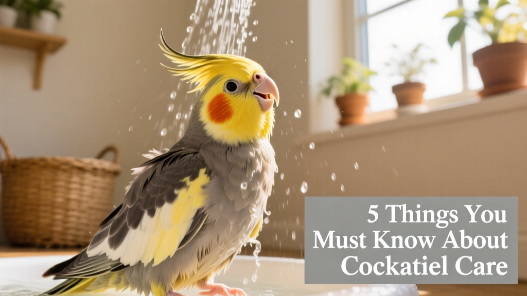 Cockatiel mid-bath under a gentle spray, feathers fluffed and relaxed