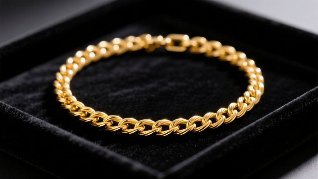 Macro shot of a 14k yellow gold cable necklace chain resting on a dark velvet jeweler tray under bright, focused studio lighting.