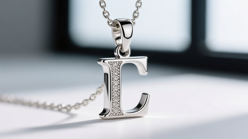 Macro shot of a sterling silver initial pendant chain clasp showing the rhodium plating finish and a secure lobster claw mechanism.