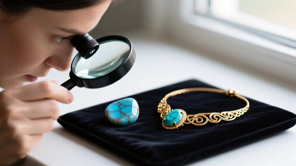 Jeweler using a 10x loupe to examine a dyed howlite stone next to a genuine turquoise and gold necklace on a dark velvet pad.
