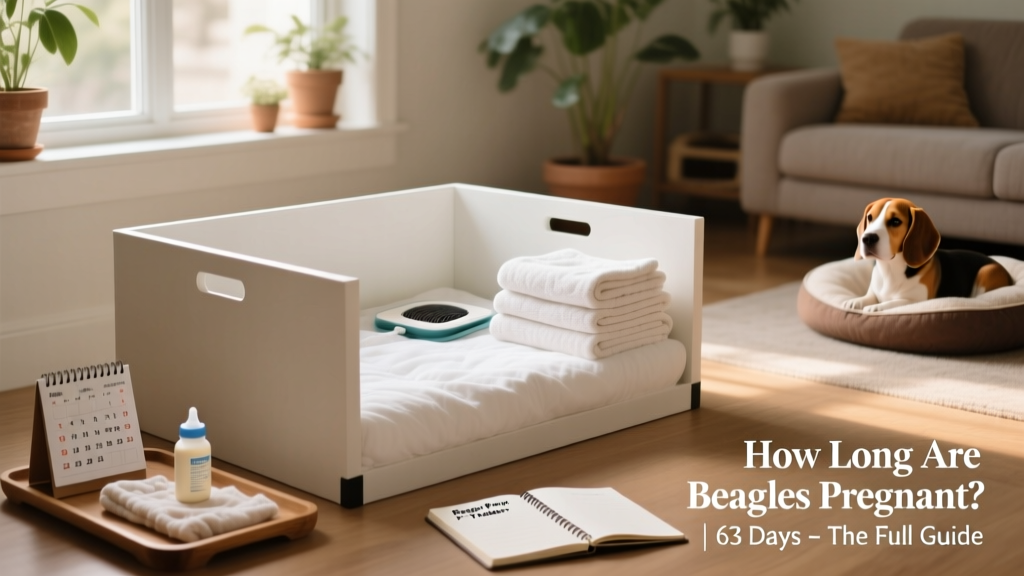 A well-prepared whelping box with clean bedding, towels, and supplies neatly arranged nearby