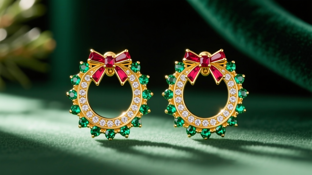 Macro shot of 18k yellow gold Christmas wreath earrings with micro-pavé tsavorite garnets and a ruby bow on dark green velvet