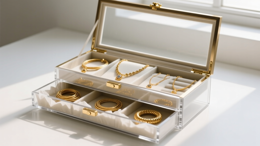An open anti-tarnish jewelry box showing neatly coiled vintage gold-tone necklaces separated by acid-free tissue in drawers.