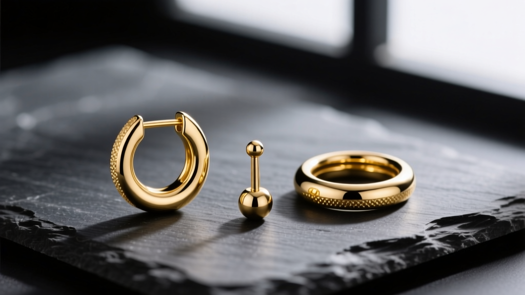 Macro shot of a 14k yellow gold earring set on dark slate, featuring a huggie, labret stud, and seamless hoop, highlighting metal polish and grain.