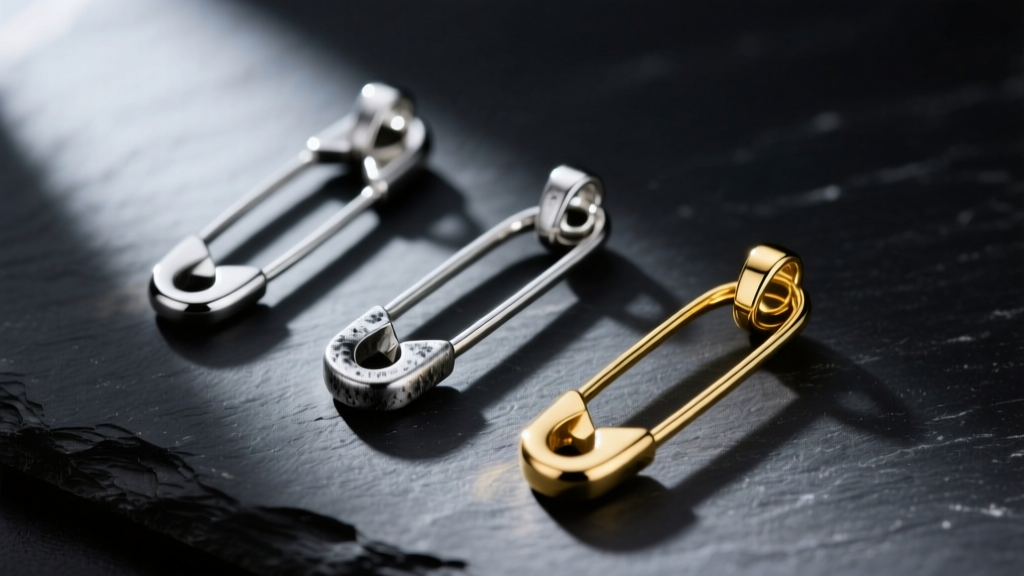 Macro shot of safety pin pendants in surgical steel, oxidized silver, and gold vermeil, laid out neatly on a dark slate surface.