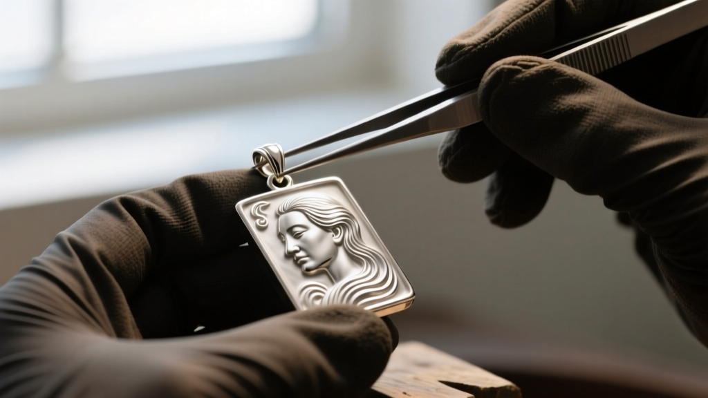 Macro view of a jeweler adjusting the top bail on a silver bas relief pendant with precision tweezers to fix flipping issues.
