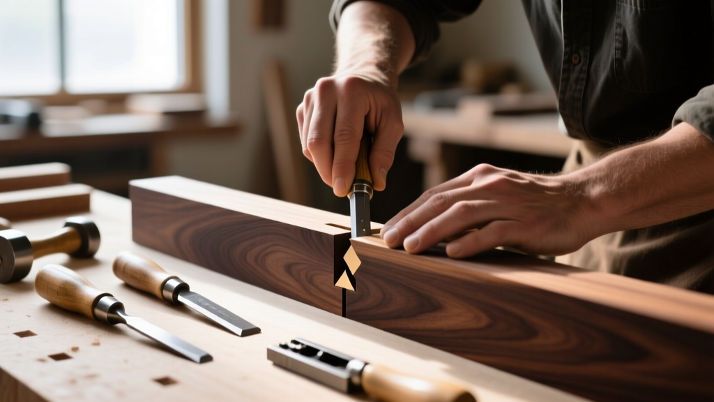 Close-up of a craftsman fitting a precision-cut dovetail joint into dark walnut timber on a well-lit workbench with hand tools