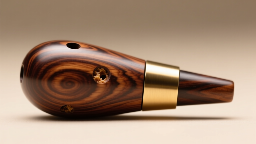 Macro shot of stabilized Bocote wood duck call insert showing intricate grain patterns and a polished brass toneboard metal band.