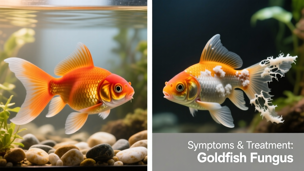 Side-by-side comparison showing healthy goldfish fins versus infected fins with visible fungal growth