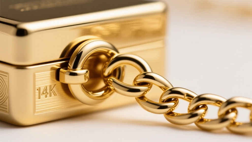 Macro photography of a sturdy 14k gold box clasp with a figure-eight safety latch securing a heavy large link gold necklace
