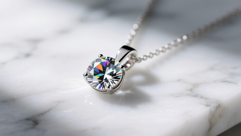 Close-up of a sterling silver pendant necklace with a round-cut cubic zirconia stone resting on a white marble surface.