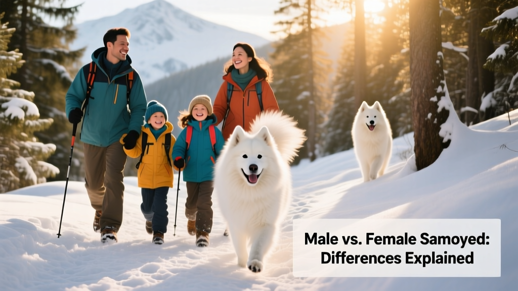 A family enjoying a snowy hike with their Samoyed—both parents and two children smiling as the dog trots happily ahead on a trail