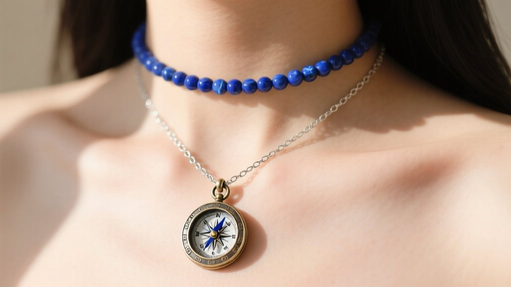Brighton Meridian compass pendant layered on collarbone with a delicate silver chain and small lapis choker in natural sunlight.