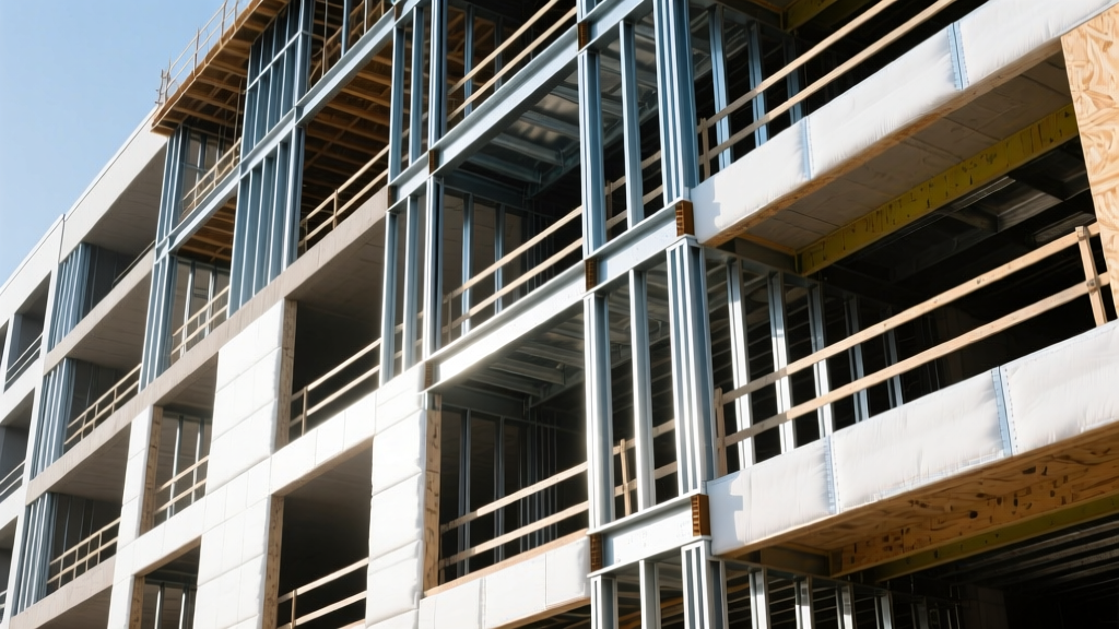 Cross-section of a multi-story commercial building revealing cold-formed steel framing studs, tracks, and structural sheathing under construction