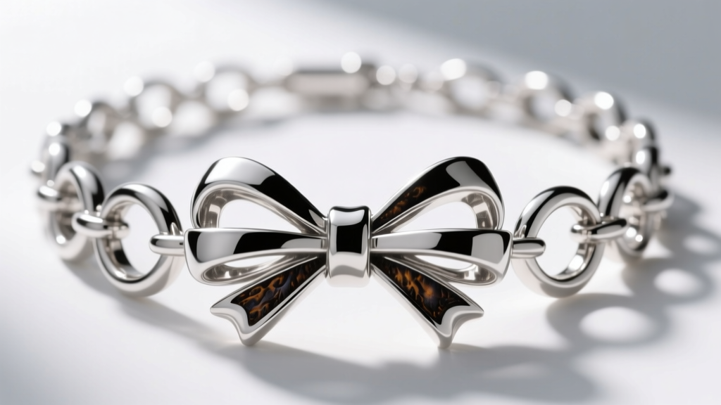Macro shot of a rhodium-plated sterling silver bow necklace, showing polished loops and oxidized crevices under bright lighting.