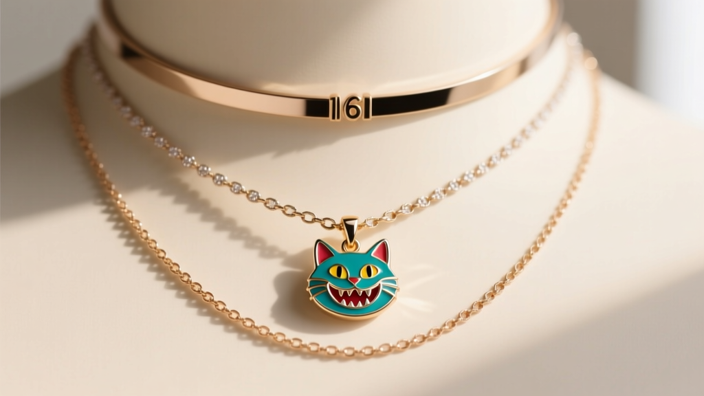 Close-up of a layered necklace setup showing a 16-inch choker and 18-inch princess chain with a small Cheshire cat enamel charm