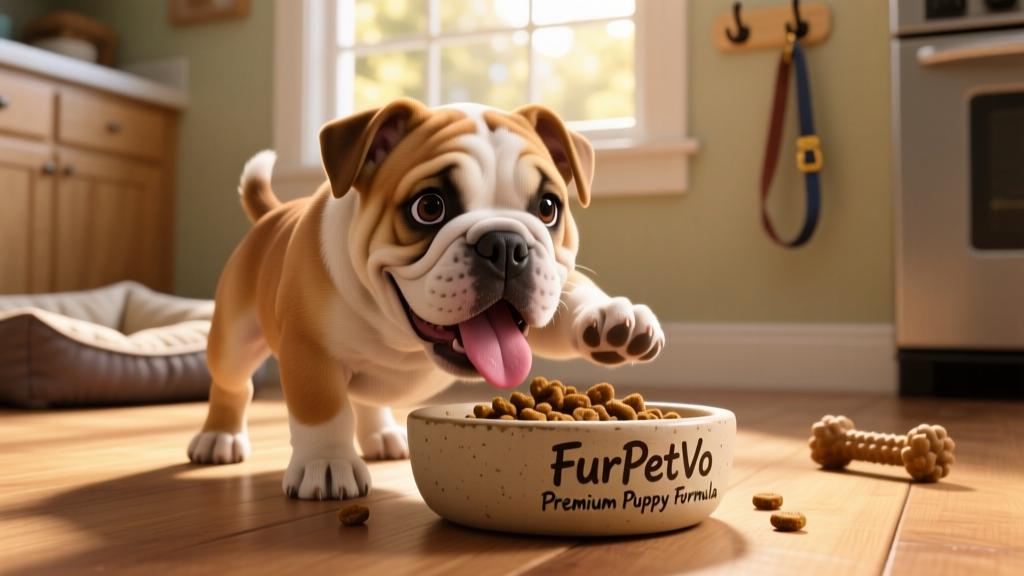 A happy English Bulldog puppy mid-meal, tongue out, eating from a shallow ceramic bowl labeled 'FurPetVo Premium Puppy Formula'
