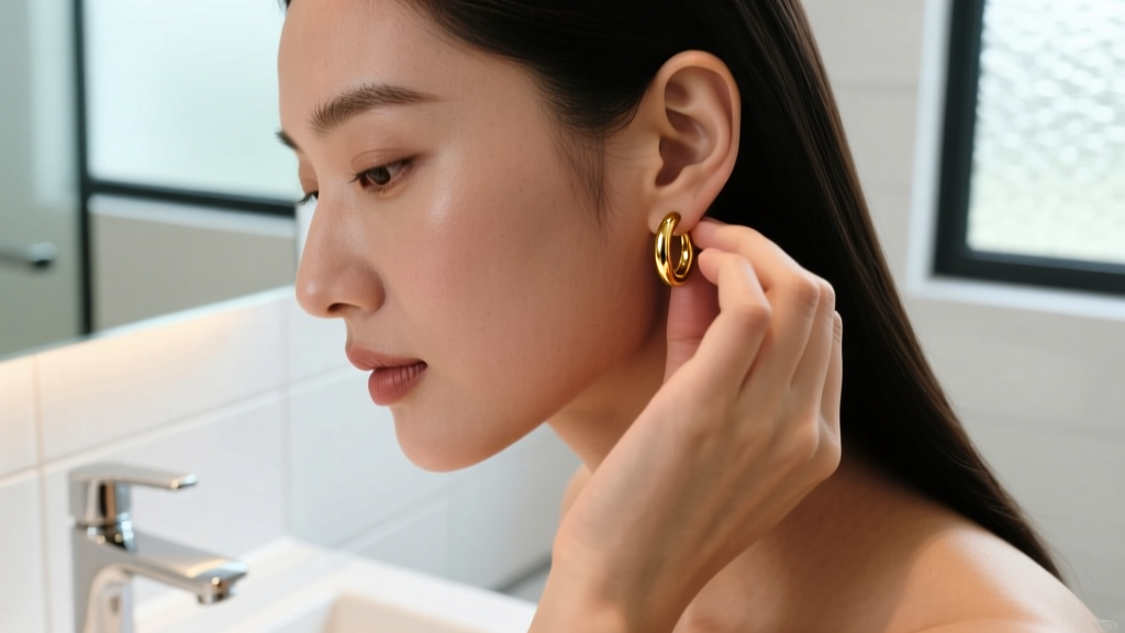 Close-up of a woman gently removing a 14k gold hoop earring from her earlobe, soft natural bathroom lighting, clean aesthetic.